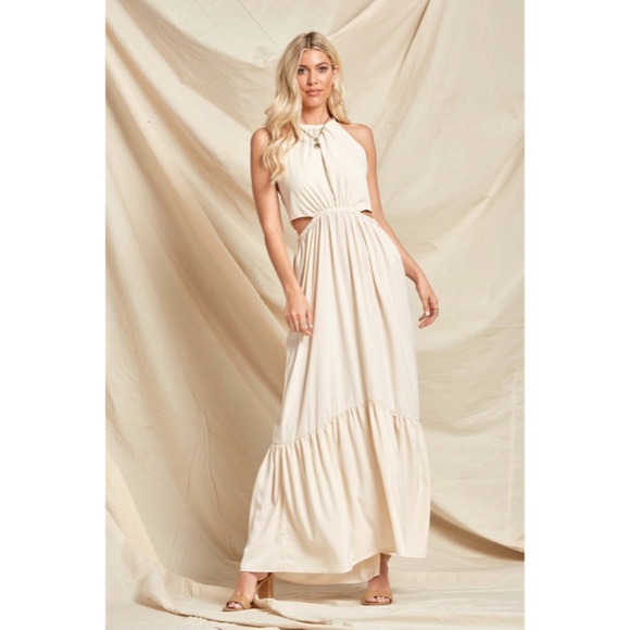 Bohemian Cream Solid Cut Out Waist Full Long Length Maxi Dress - Picture 2 of 5